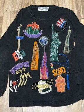 Rare vintage Sandylo New York Theme icons embroidery Beaded Sweater One Size